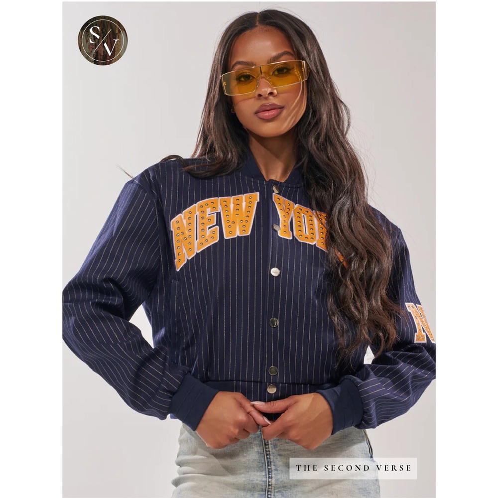 Akira Jacket Womens Navy Blue New York Studded Pinstripe Bomber SS822